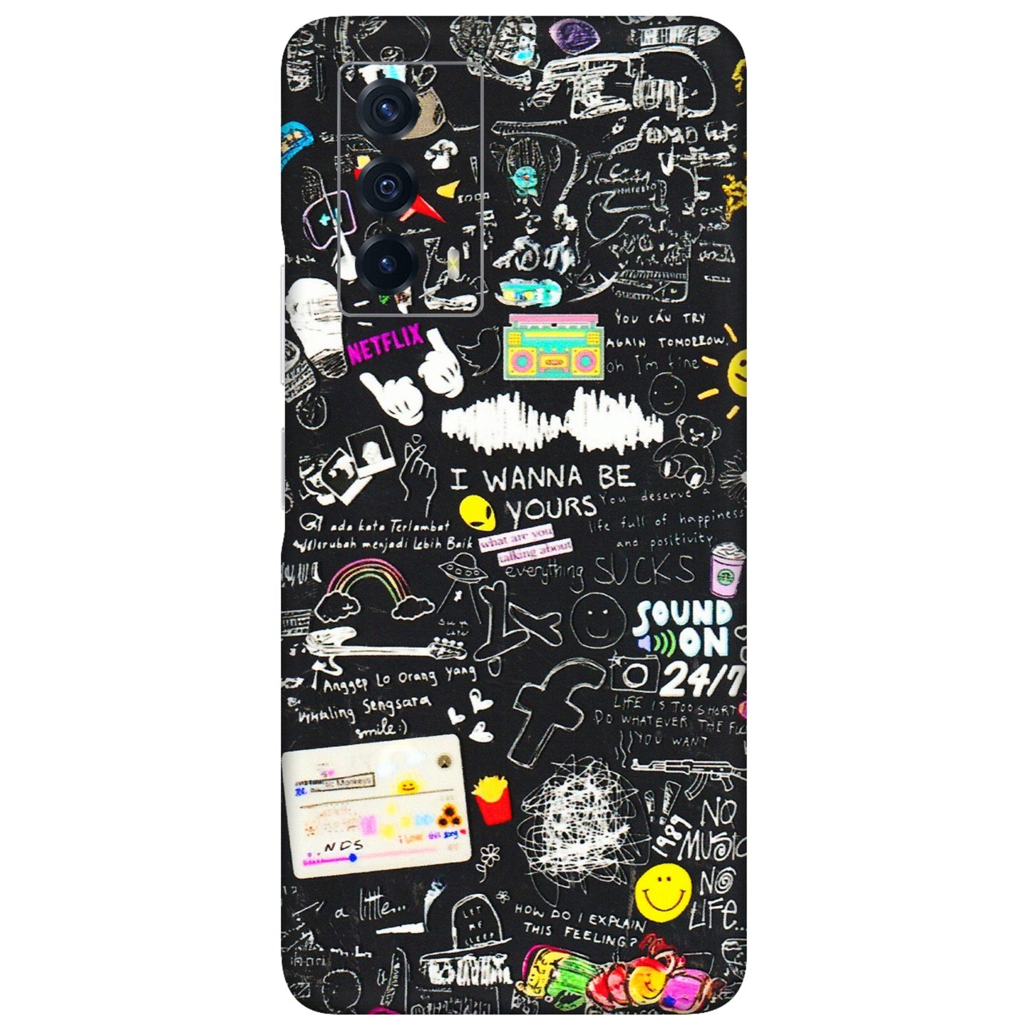 IQOO Phone Skins (All Models) - Black Creatives Doodles - 3D Embossed Finish (L-311) IQOO Z5