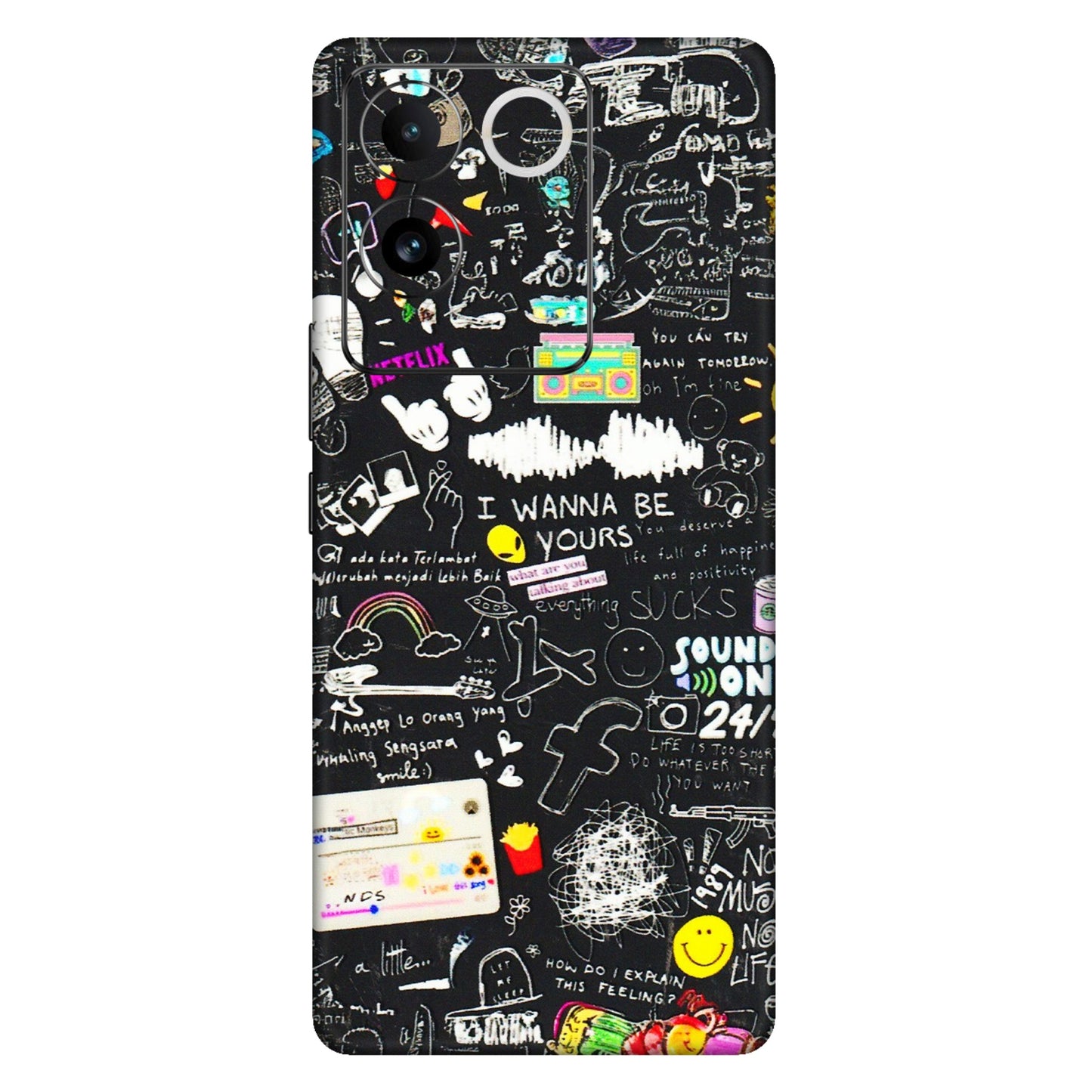 IQOO Phone Skins (All Models) - Black Creatives Doodles - 3D Embossed Finish (L-311) IQOO Z7 Pro