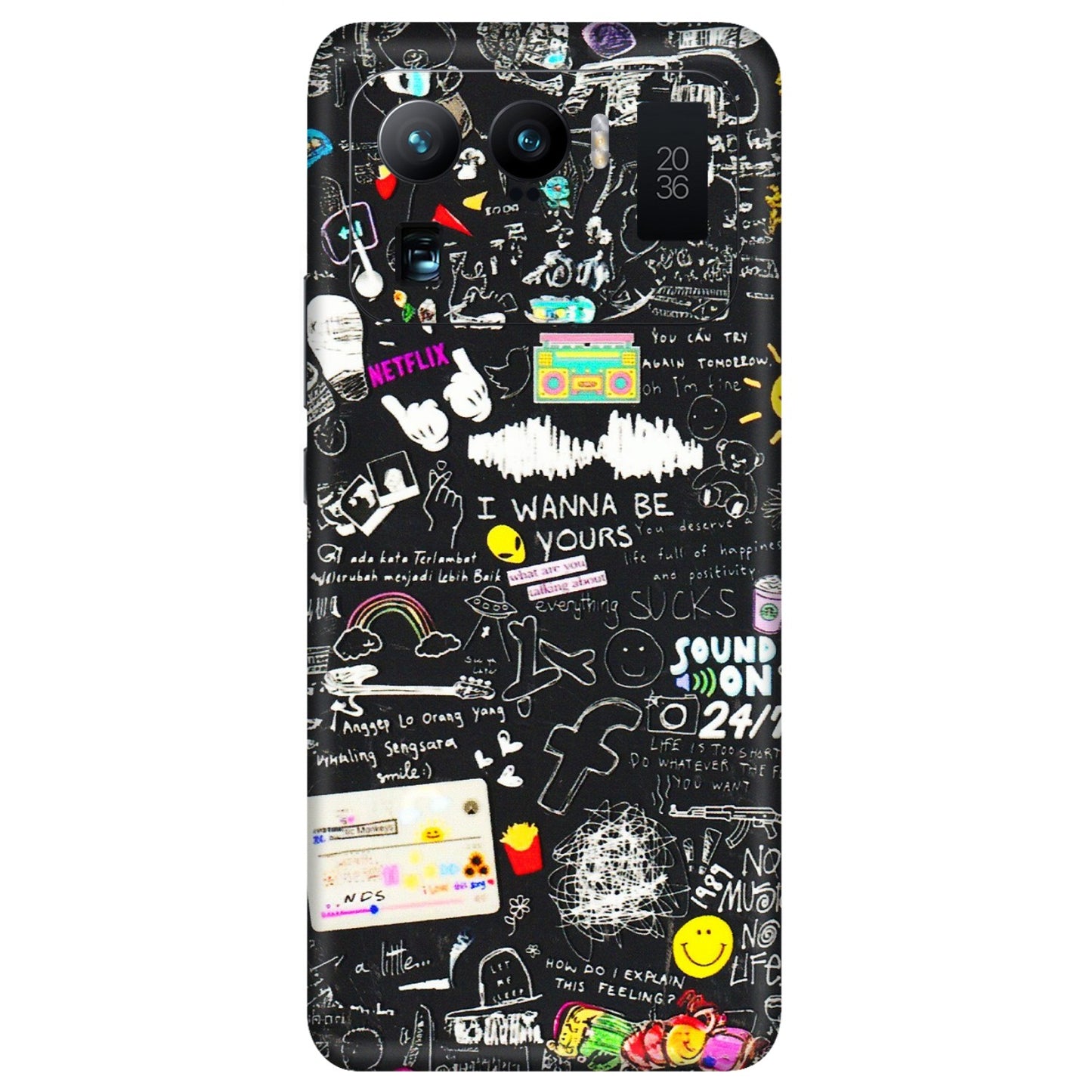 Xiaomi Redmi Phone Skins (All Models) - Black Creatives Doodles - 3D Embossed Finish (L-311) Mi 11 Ultra