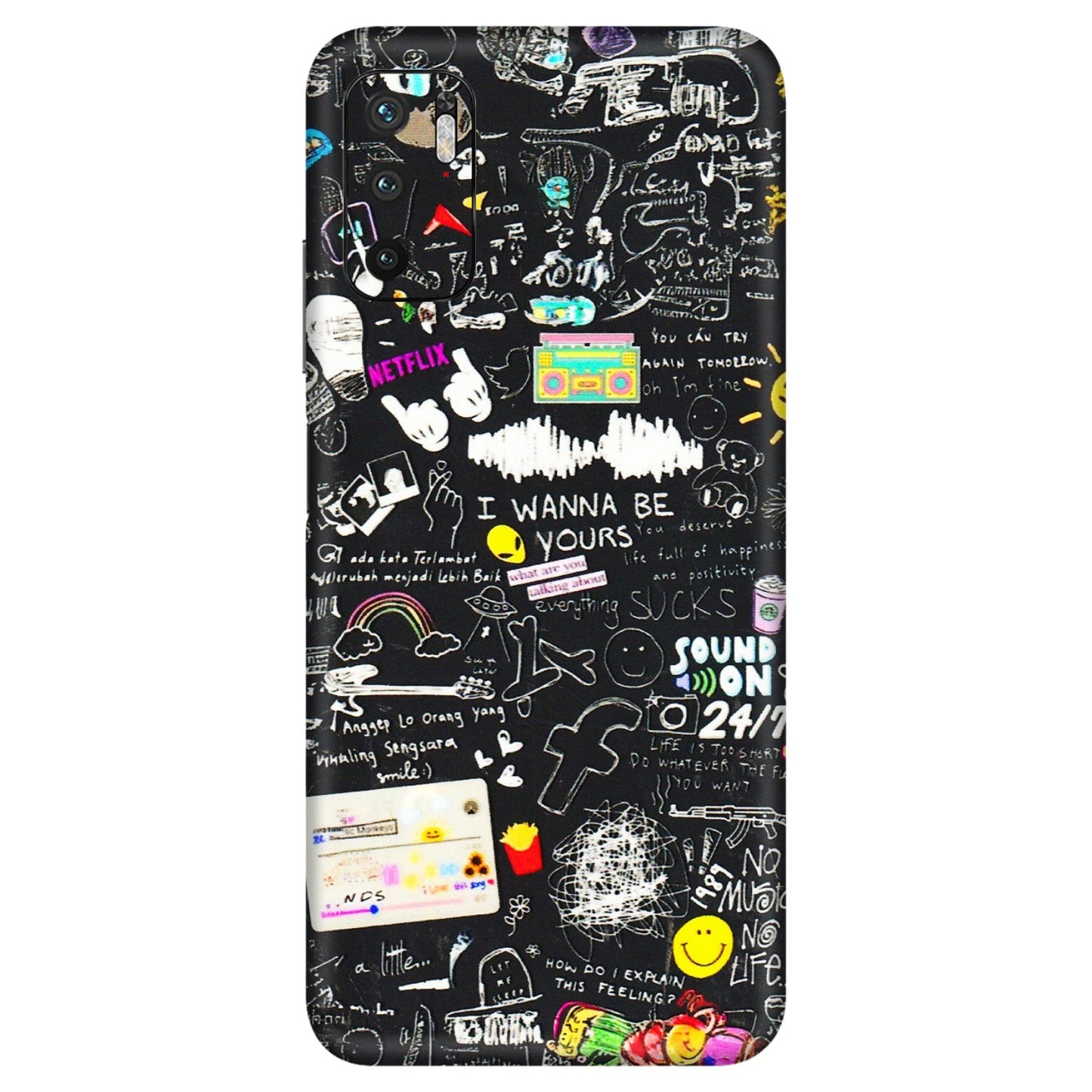 Xiaomi Redmi Phone Skins (All Models) - Black Creatives Doodles - 3D Embossed Finish (L-311) Redmi Note 10T 5G