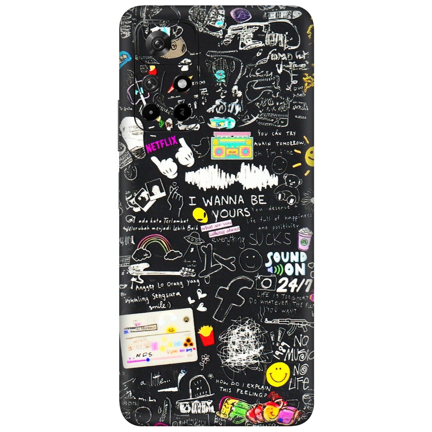 Xiaomi Redmi Phone Skins (All Models) - Black Creatives Doodles - 3D Embossed Finish (L-311) Redmi Note 11T 5G