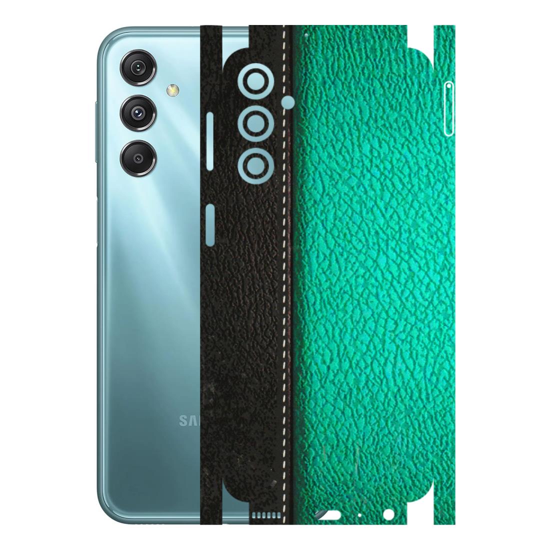 Samsung M/F/Note/Flip and C Phone Skins (All Models) - Black Green Dual Leather Stich - 3D Embossed Finish (L-233) Samsung Galaxy M34 (5G)