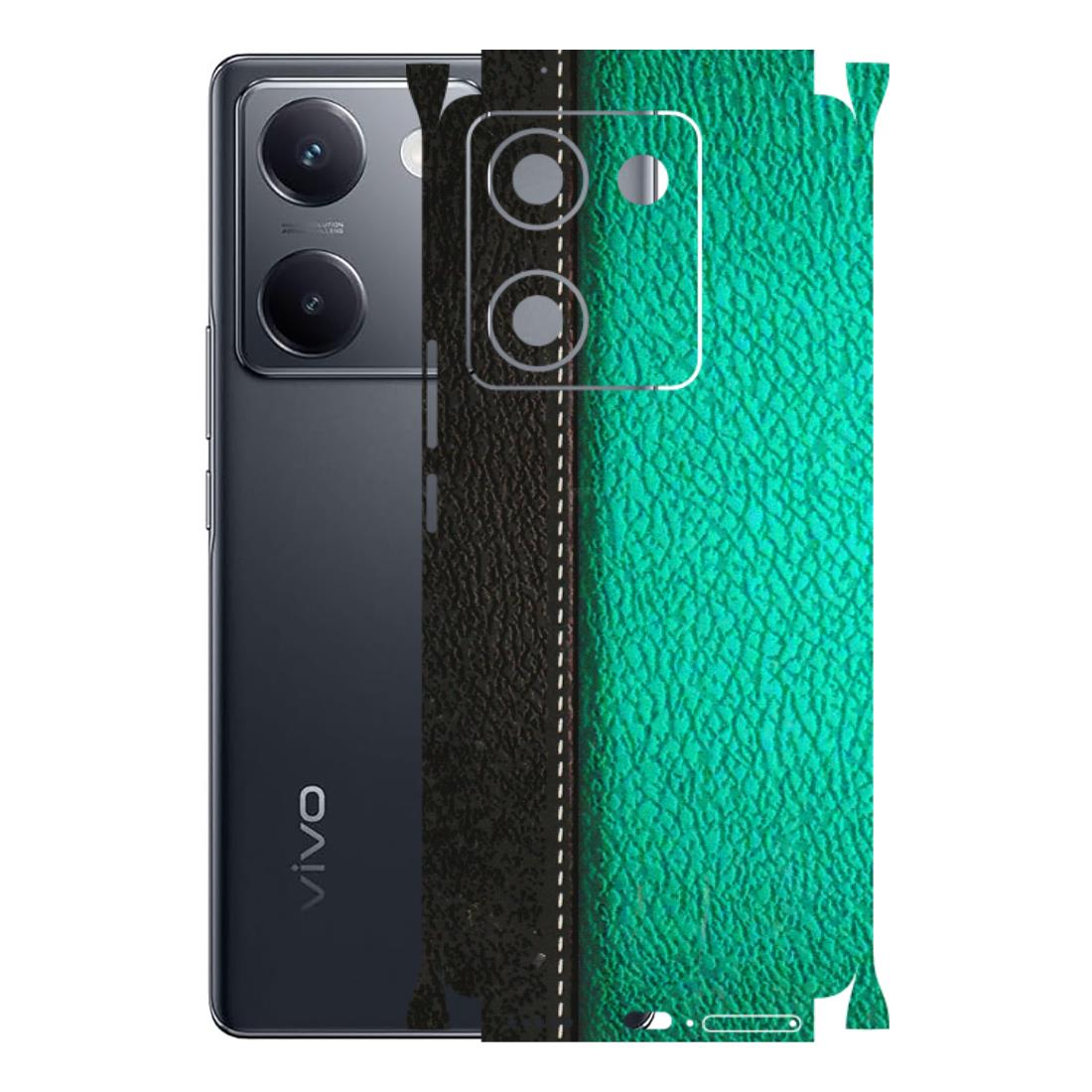 VIVO Y Series Phone Skins (All Models) - Black Green Dual Leather Stich - 3D Embossed Finish (L-233) Vivo Y200 Pro