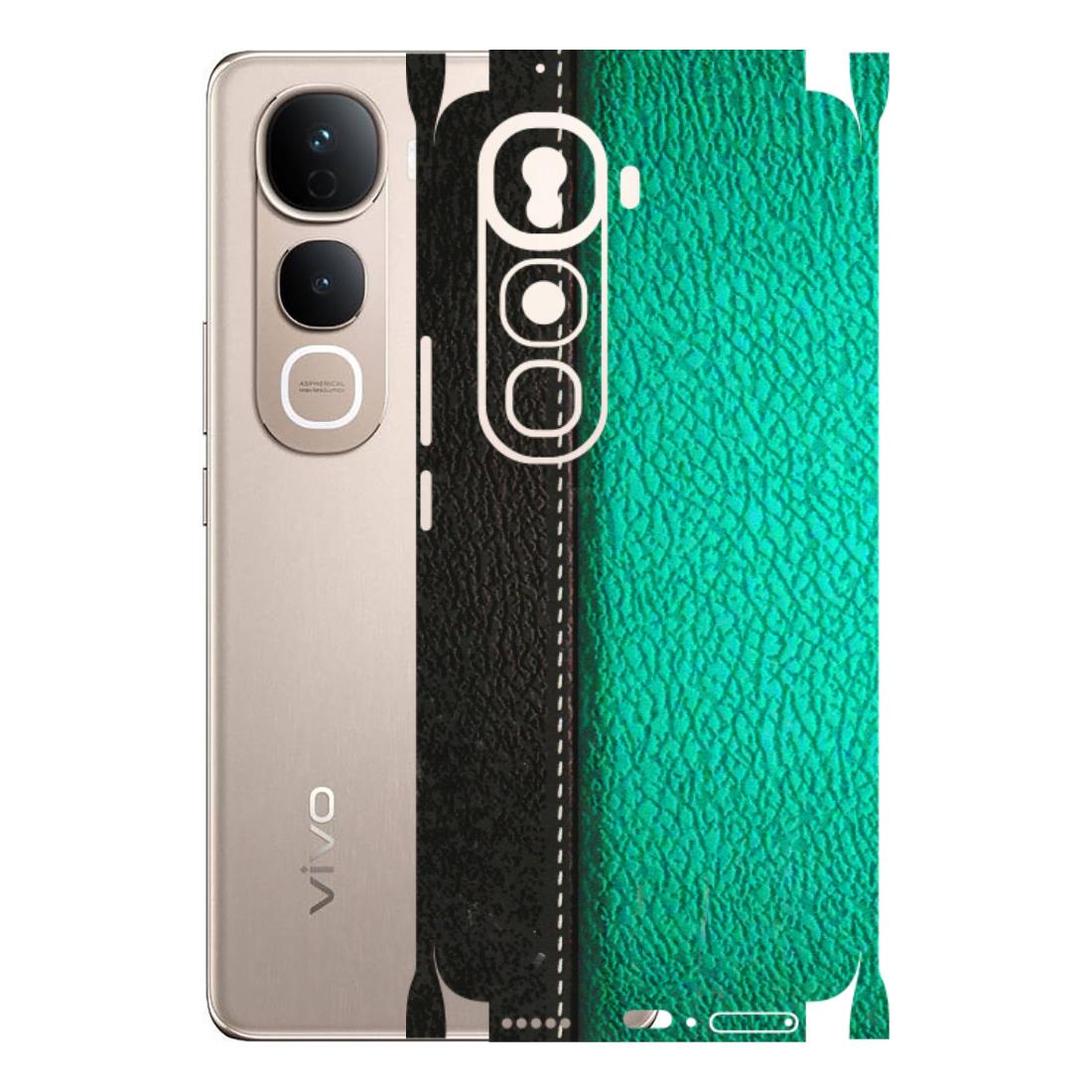 VIVO Y Series Phone Skins (All Models) - Black Green Dual Leather Stich - 3D Embossed Finish (L-233) Vivo Y400 Pro 5G