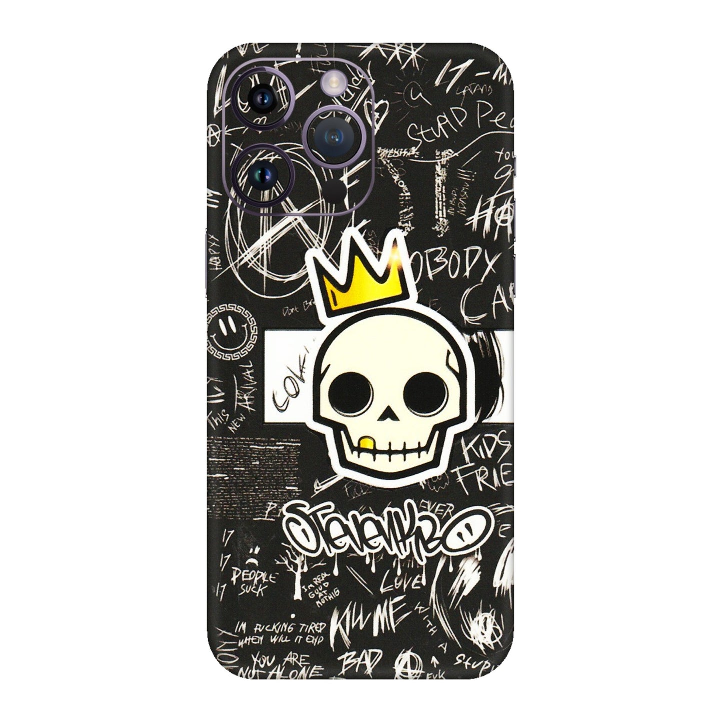 Apple iPhone Skins (All Models) - Funny Skull Black Chalk Grafitti - 3D Embossed Finish (L-22) iPhone 14 Pro