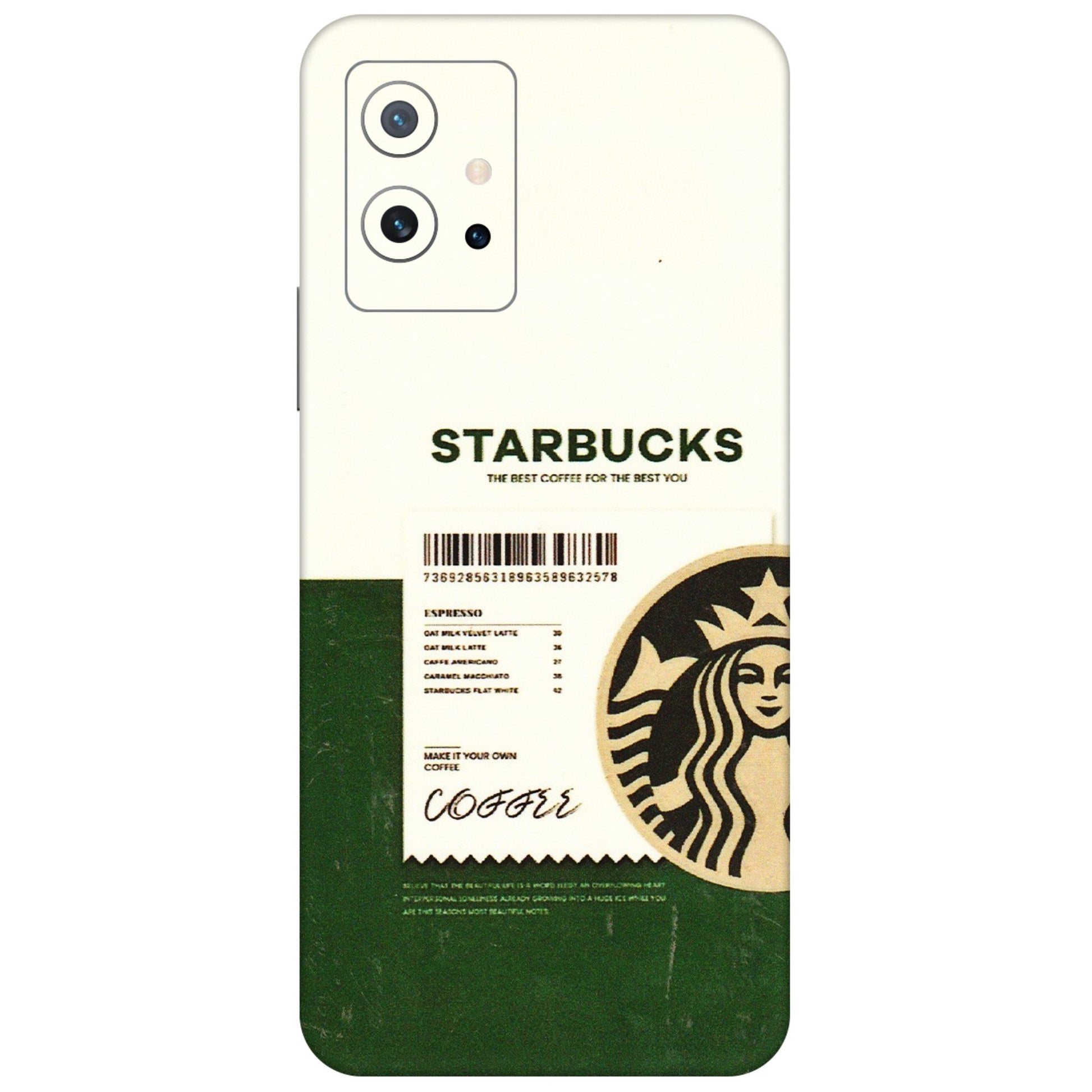 IQOO Phone Skins (All Models) - Starbucks Barcode - 3D Embossed Finish (L-308) IQOO Z6 5G