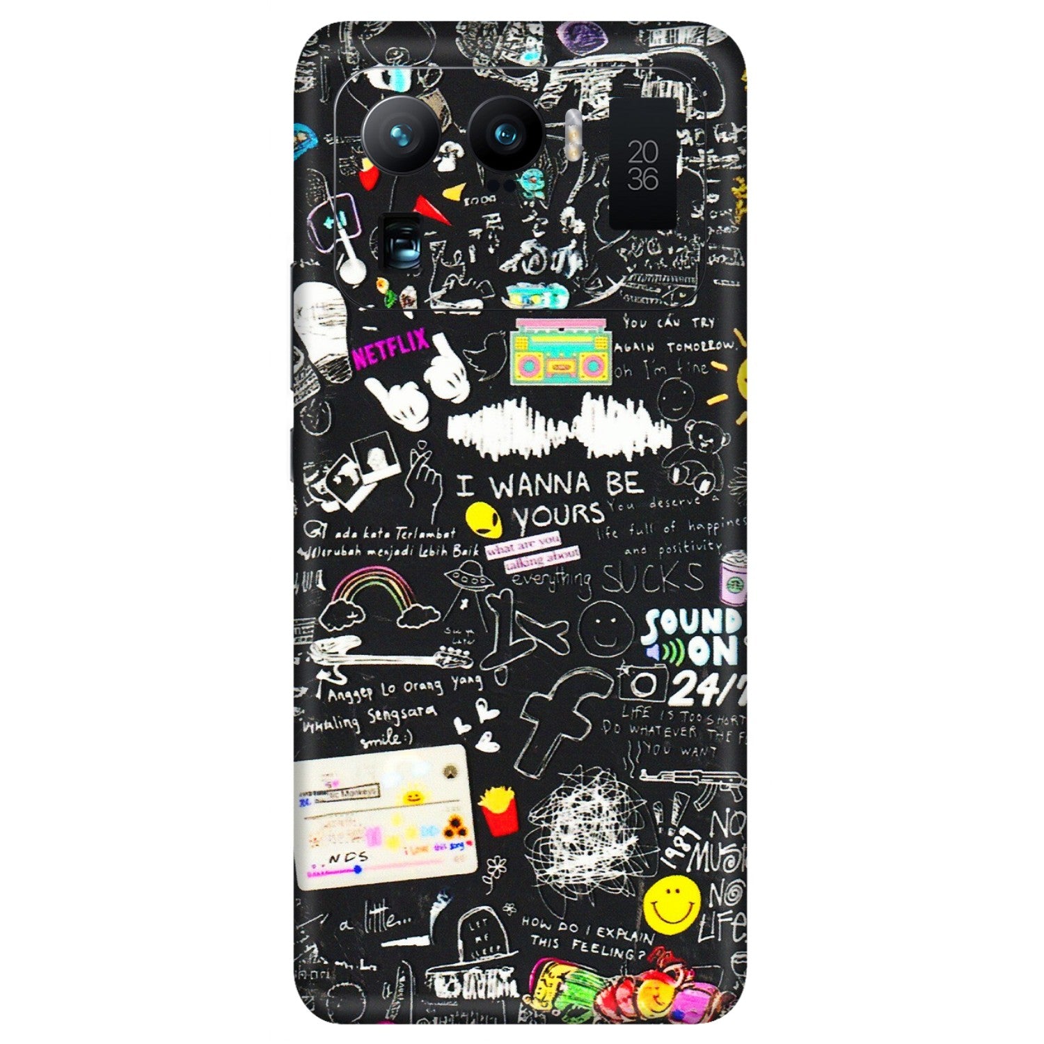 Xiaomi Redmi Phone Skins (All Models) - Black Creatives Doodles - 3D Embossed Finish (L-311) Mi 11 Ultra