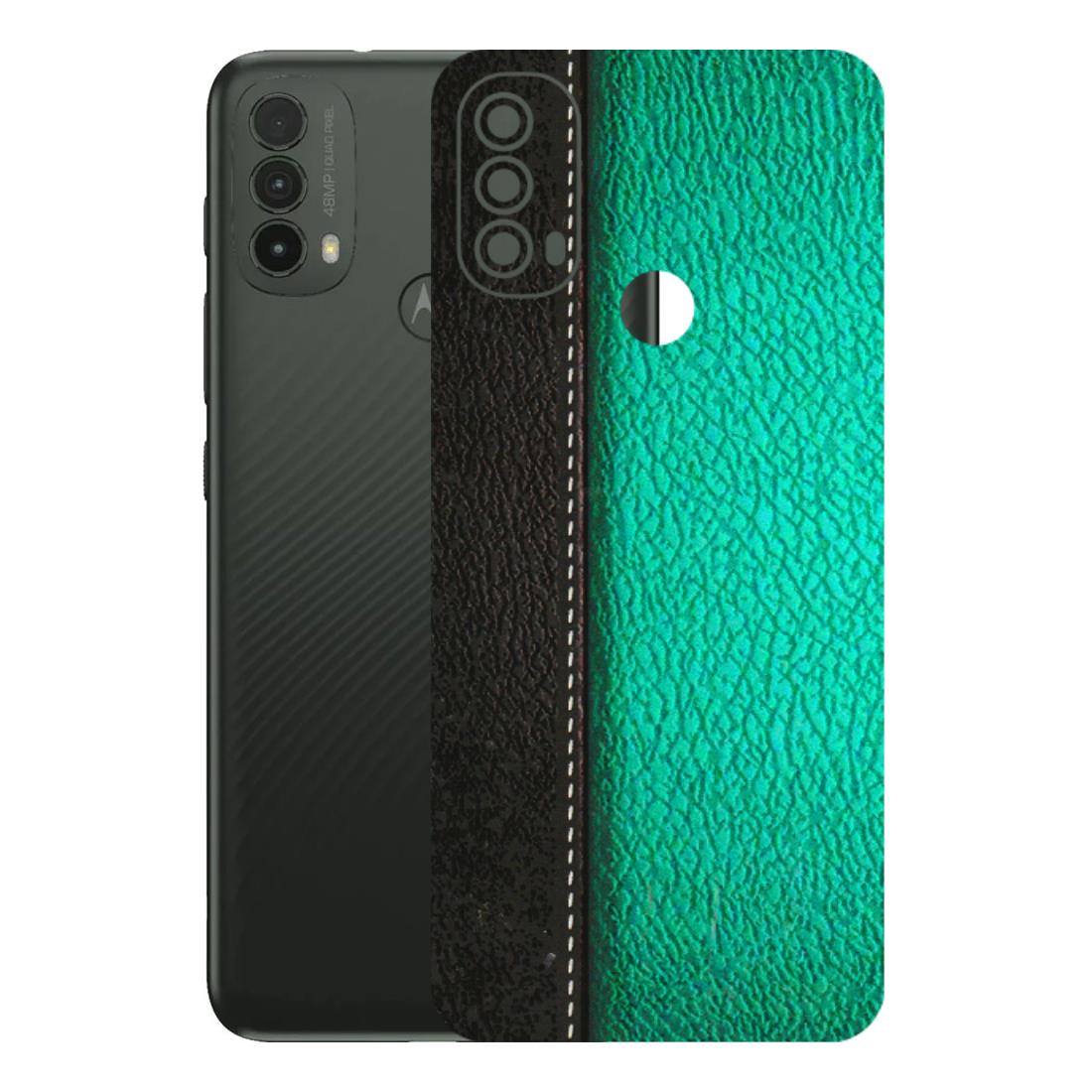 Motorola Phone Skins (All Models) - Black Green Dual Leather Stich - 3D Embossed Finish (L-233) Motorola Moto E40