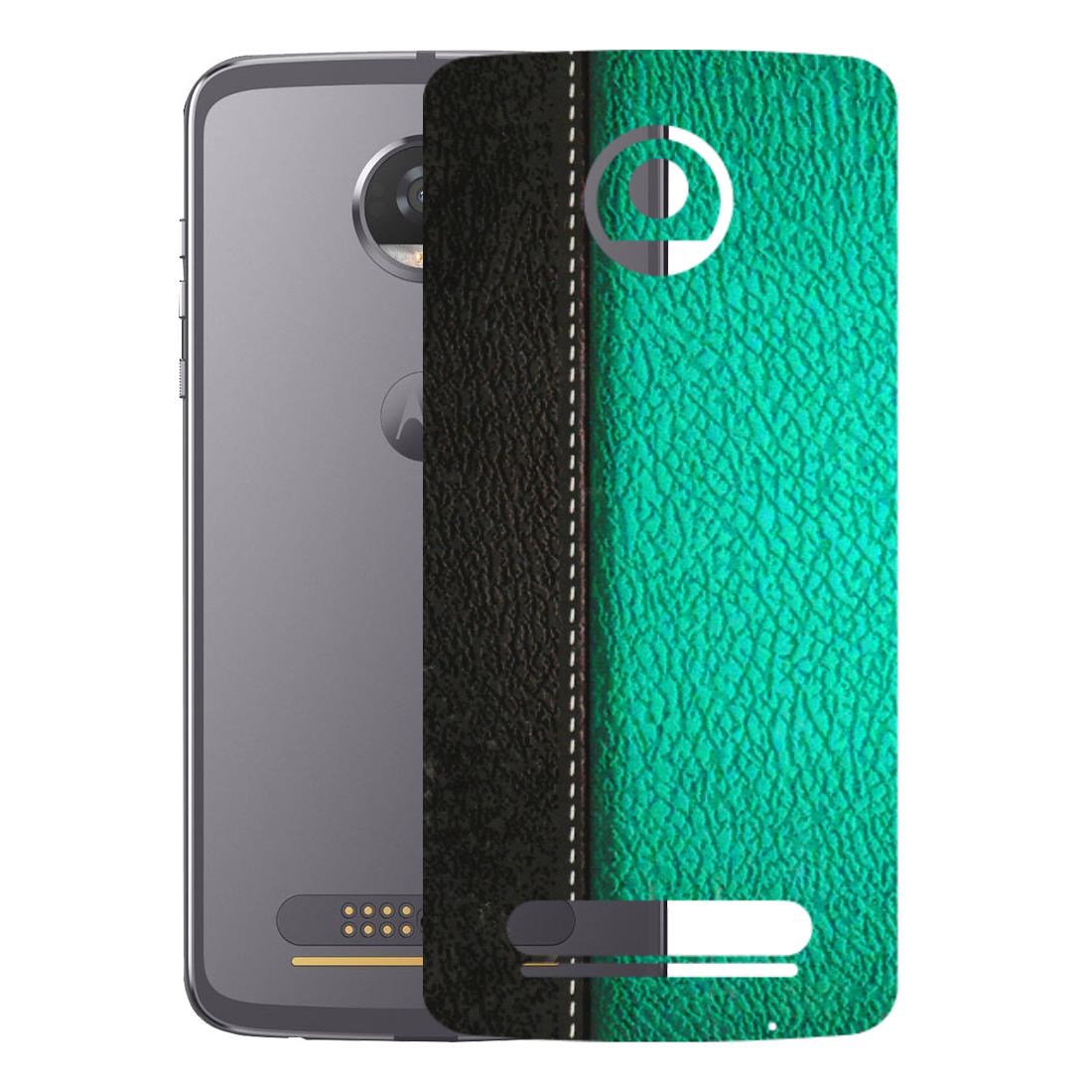 Motorola Phone Skins (All Models) - Black Green Dual Leather Stich - 3D Embossed Finish (L-233) Motorola Moto Z2 Play
