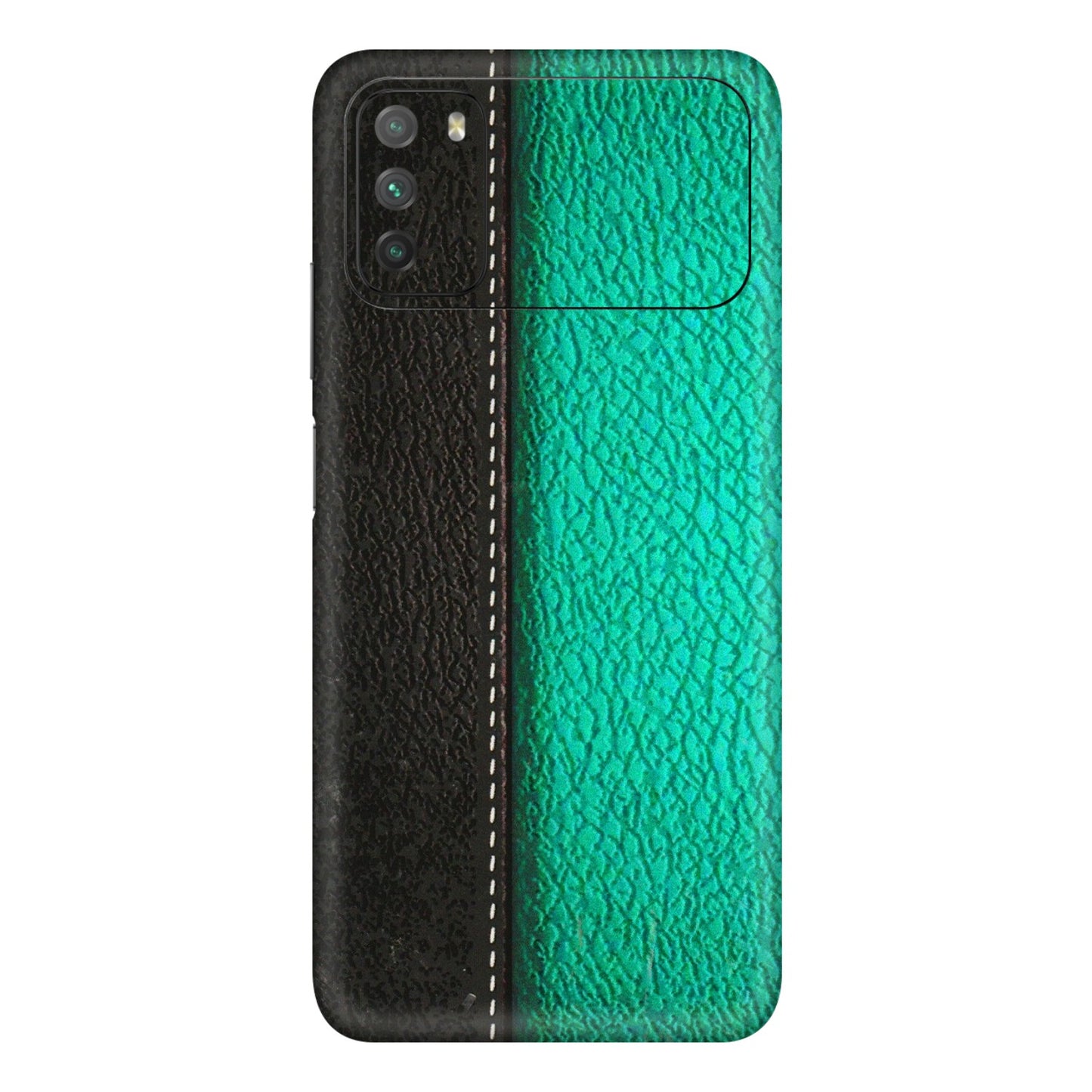 POCO Phone Skins (All Models) - Black Green Dual  Leather Stich - 3D Embossed Finish (L-233) Poco M3