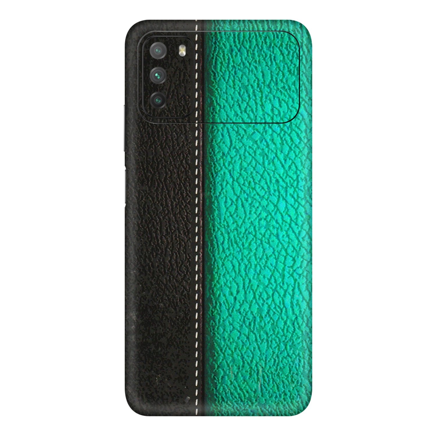 POCO Phone Skins (All Models) - Black Green Dual  Leather Stich - 3D Embossed Finish (L-233) Poco M3