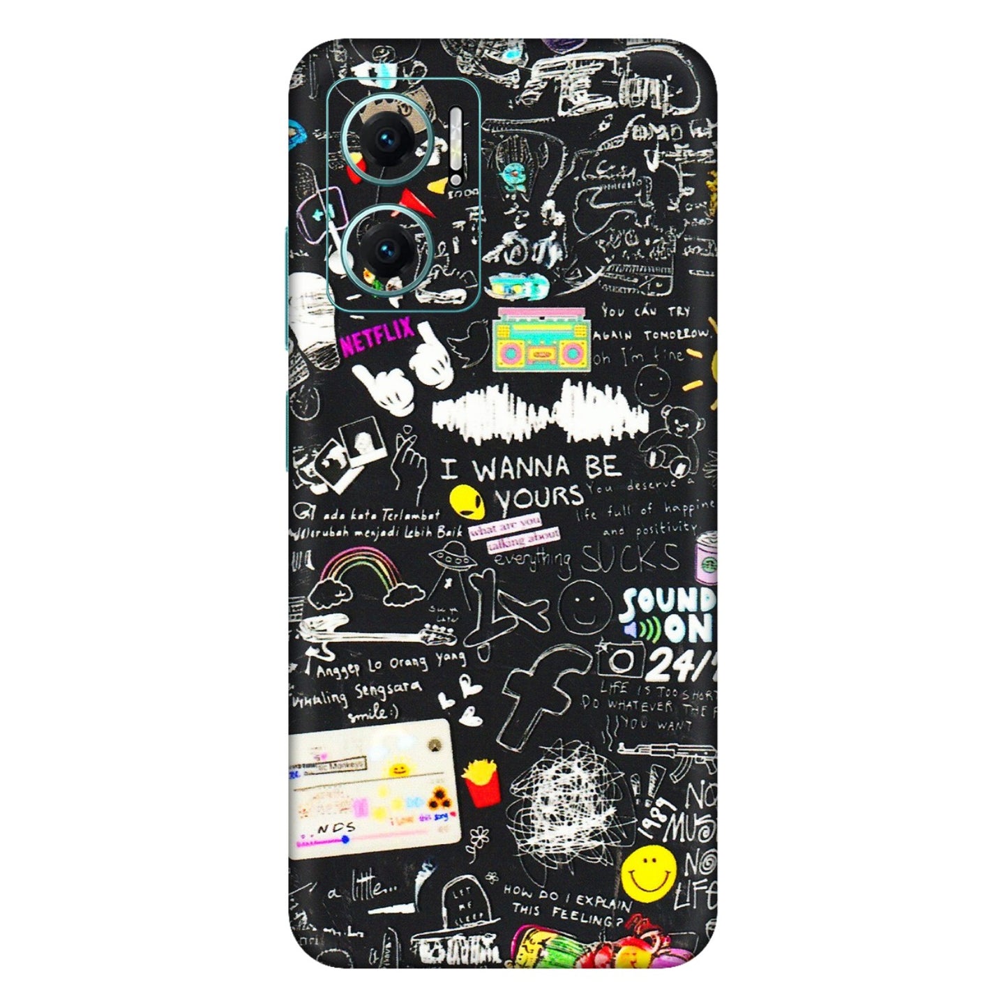 Xiaomi Redmi Phone Skins (All Models) - Black Creatives Doodles - 3D Embossed Finish (L-311) Mi 10 5G