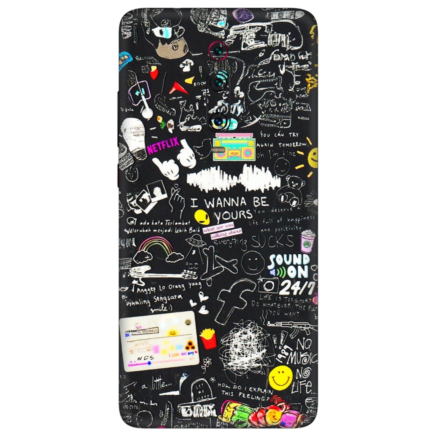 Xiaomi Redmi Phone Skins (All Models) - Black Creatives Doodles - 3D Embossed Finish (L-311) Redmi K20 Pro