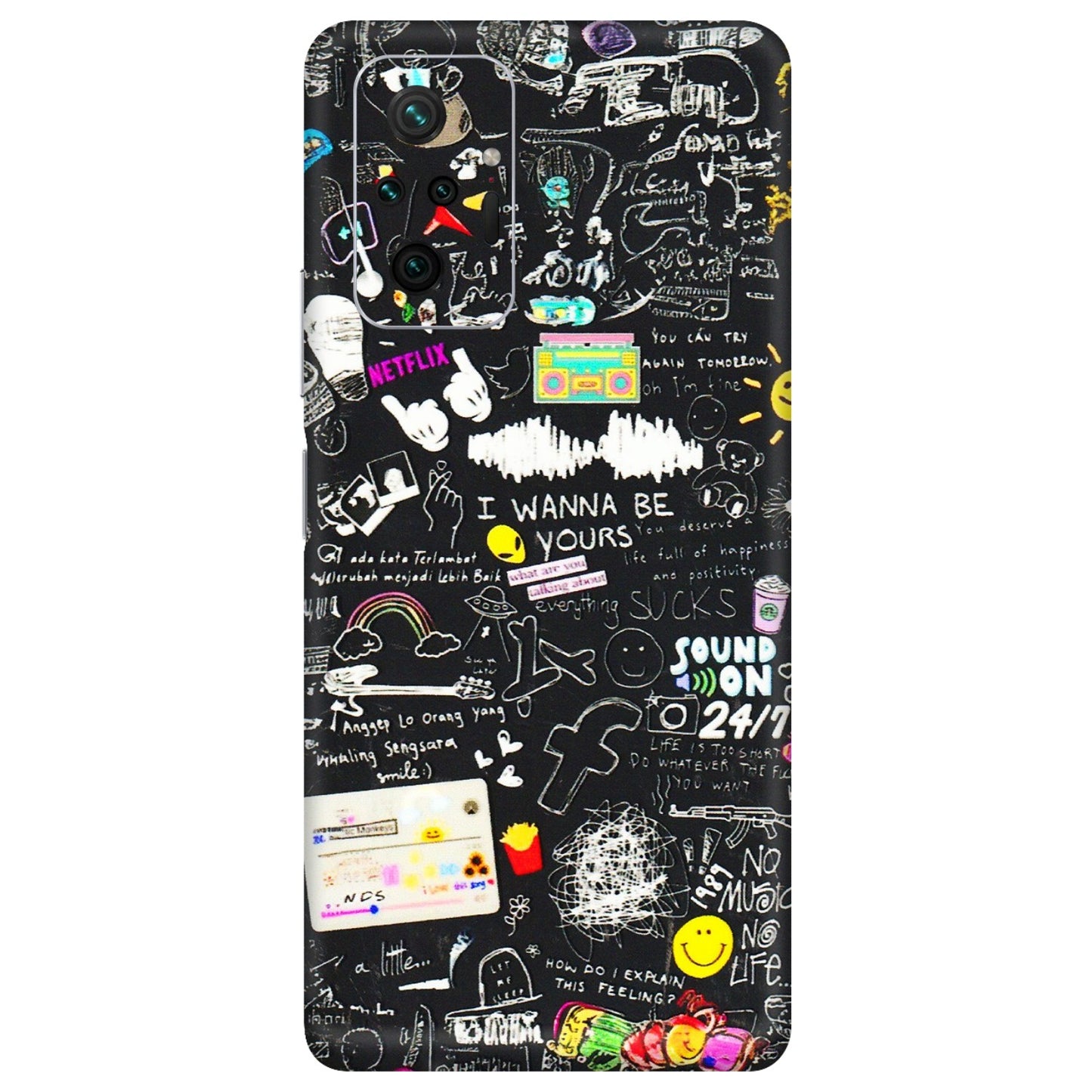 Xiaomi Redmi Phone Skins (All Models) - Black Creatives Doodles - 3D Embossed Finish (L-311) Redmi Note 10 Pro