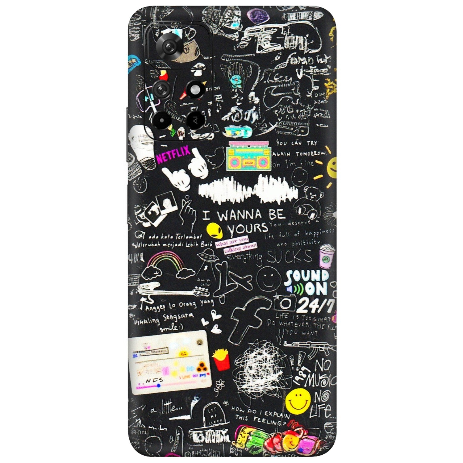 Xiaomi Redmi Phone Skins (All Models) - Black Creatives Doodles - 3D Embossed Finish (L-311) Redmi Note 11T 5G