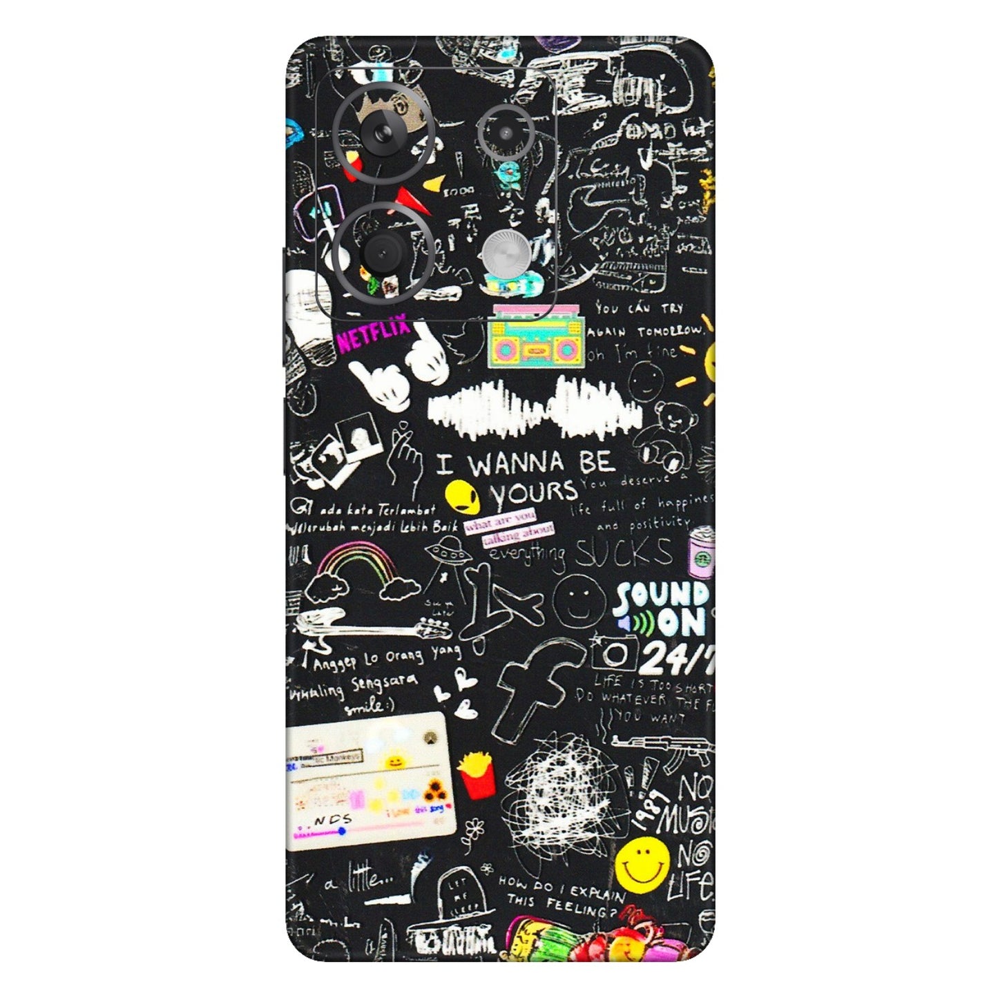 Xiaomi Redmi Phone Skins (All Models) - Black Creatives Doodles - 3D Embossed Finish (L-311) Redmi Note 13 5G