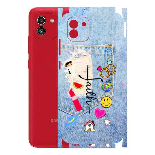 Samsung A/S Series Phone Skins (All Models) - Denim Jeans Pocket - 3D Embossed Finish (L-134) Samsung Galaxy A03
