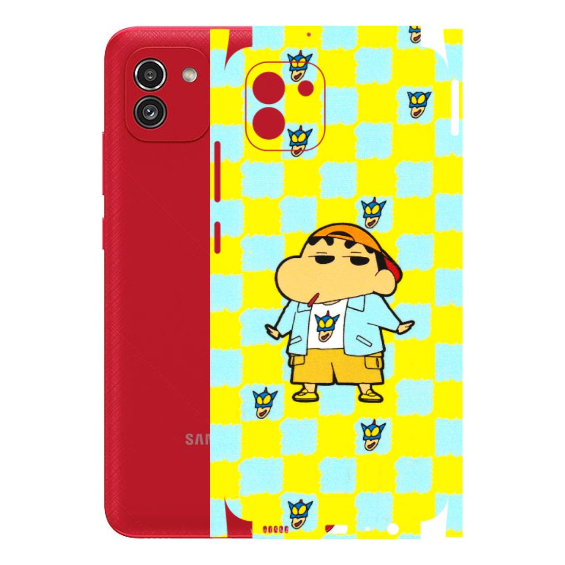 Samsung A/S Series Phone Skins (All Models) - Yellow Blue Shinchan Cute - 3D Embossed Finish (L-221) Samsung Galaxy A03