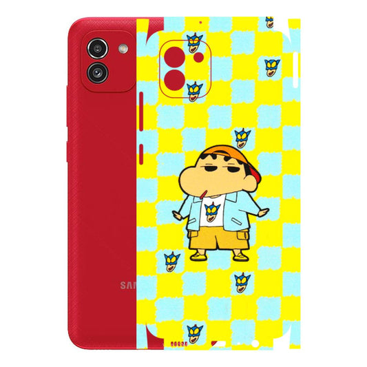 Samsung A/S Series Phone Skins (All Models) - Yellow Blue Shinchan Cute - 3D Embossed Finish (L-221) Samsung Galaxy A03