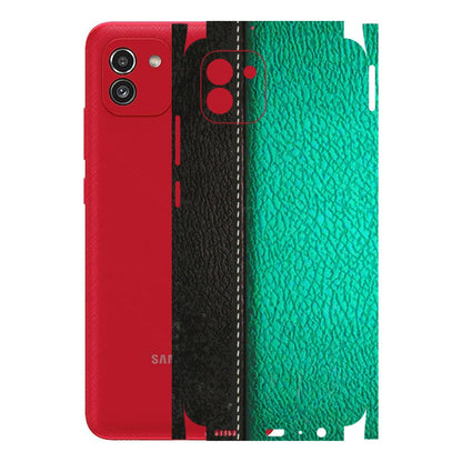 Samsung A/S Series Phone Skins (All Models) - Black Green Dual Leather Stich - 3D Embossed Finish (L-233) Samsung Galaxy A03