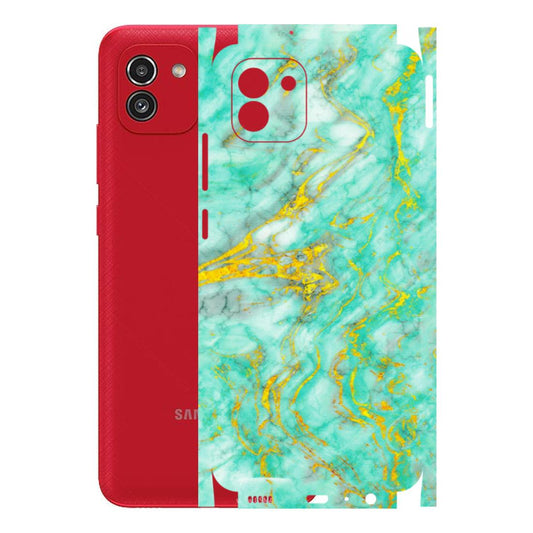 Samsung A/S Series Phone Skins (All Models) - Green And Gold Marble Feel - Matte Finish (M-16) Samsung Galaxy A03