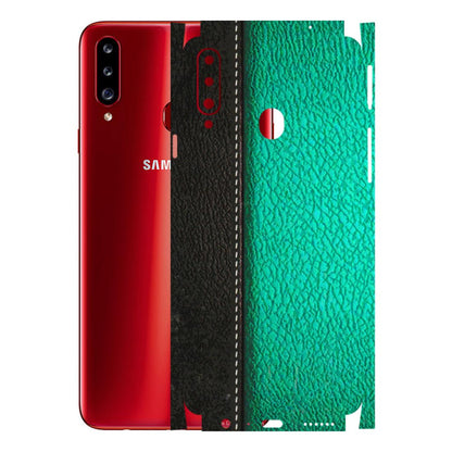 Samsung A/S Series Phone Skins (All Models) - Black Green Dual Leather Stich - 3D Embossed Finish (L-233) Samsung Galaxy A20S