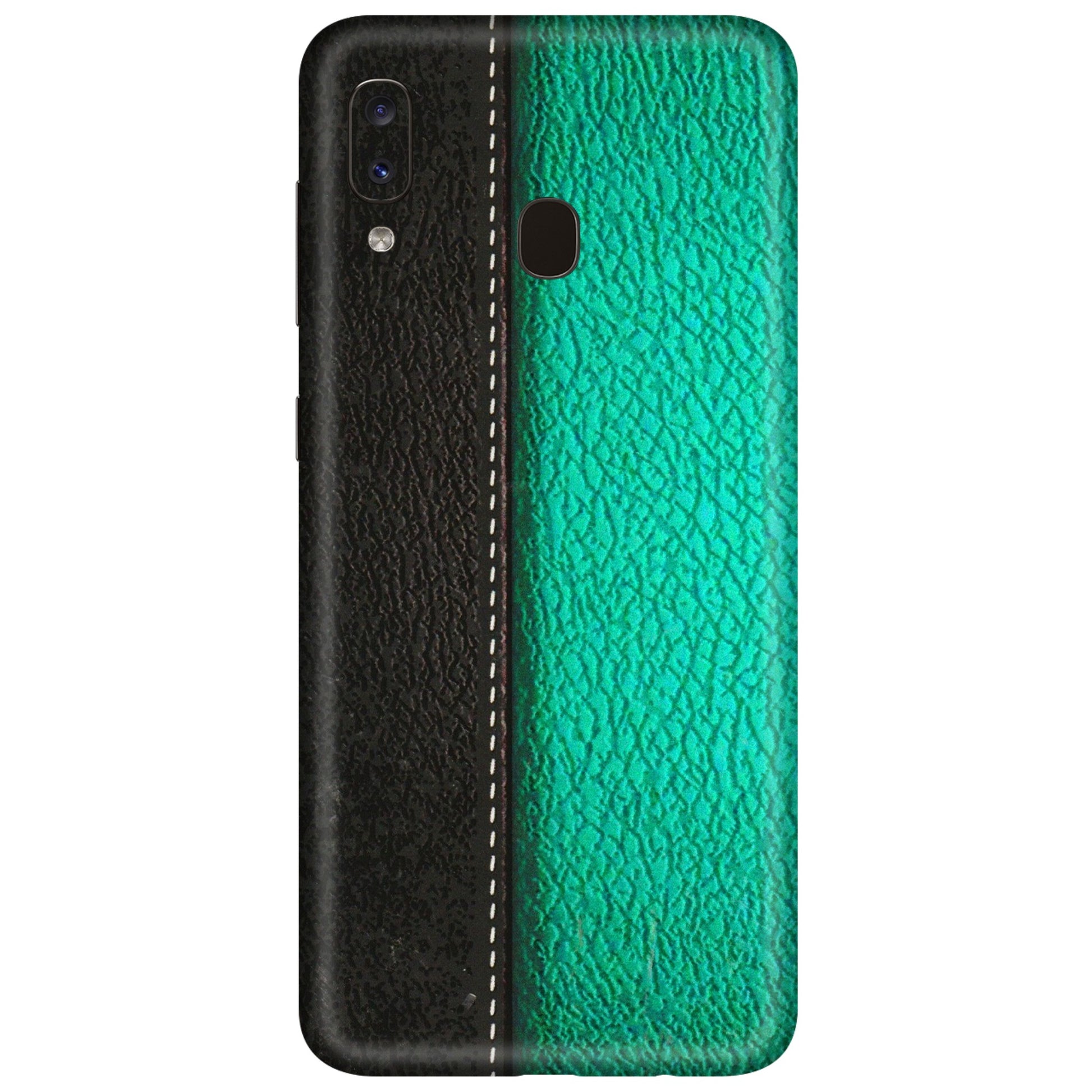Samsung A/S Series Phone Skins (All Models) - Black Green Dual Leather Stich - 3D Embossed Finish (L-233) Samsung Galaxy A20