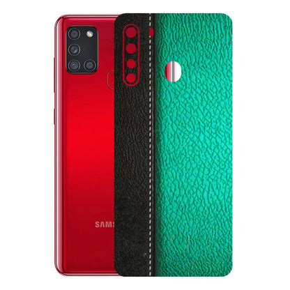 Samsung A/S Series Phone Skins (All Models) - Black Green Dual Leather Stich - 3D Embossed Finish (L-233) Samsung Galaxy A21