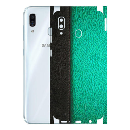 Samsung A/S Series Phone Skins (All Models) - Black Green Dual Leather Stich - 3D Embossed Finish (L-233) Samsung Galaxy A30