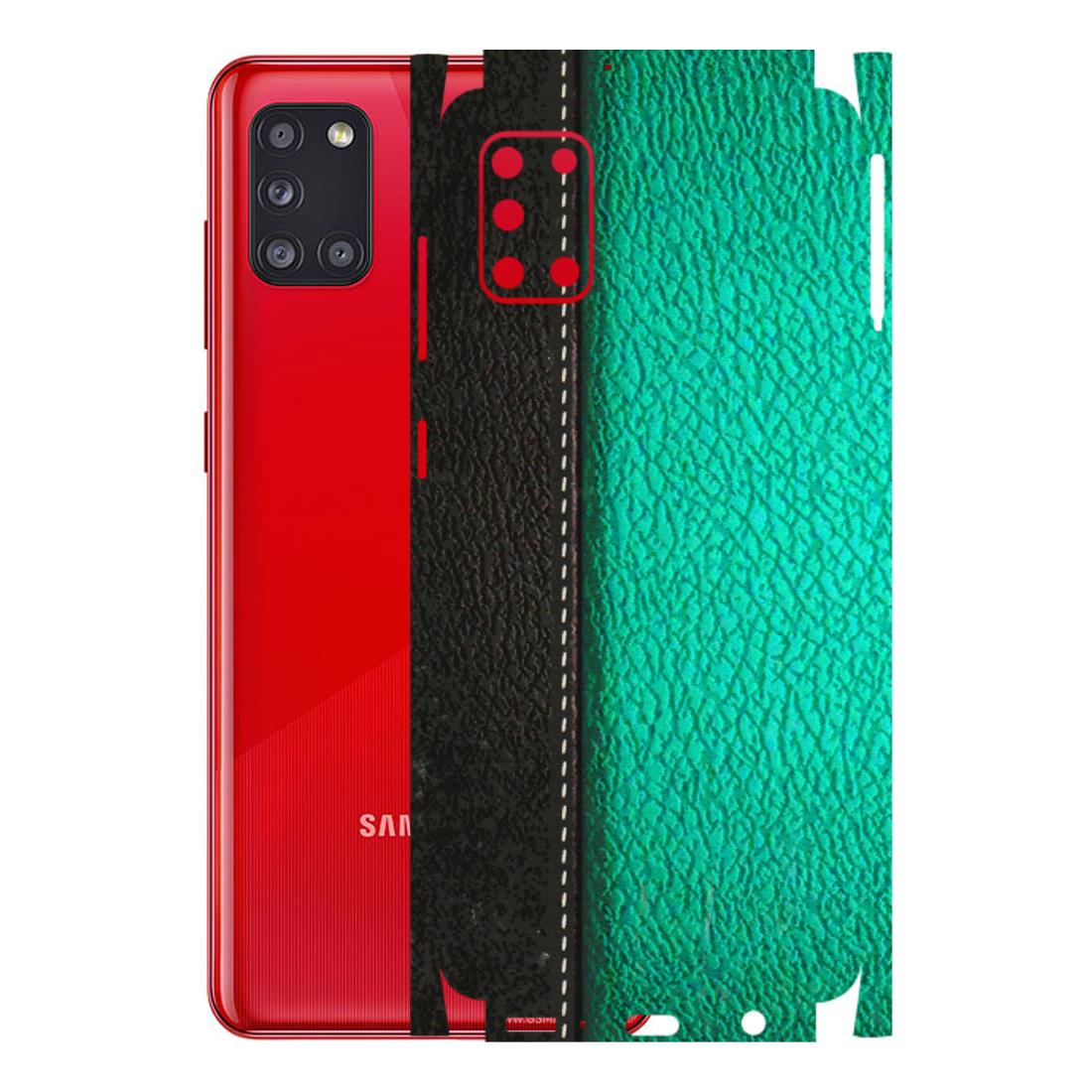 Samsung A/S Series Phone Skins (All Models) - Black Green Dual Leather Stich - 3D Embossed Finish (L-233) Samsung Galaxy A31