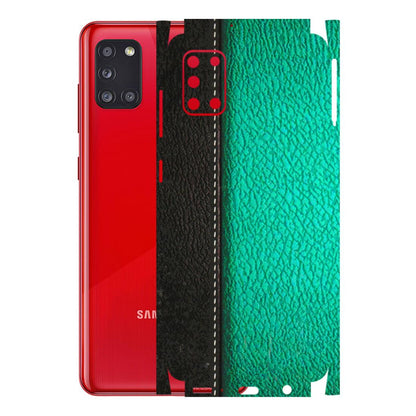 Samsung A/S Series Phone Skins (All Models) - Black Green Dual Leather Stich - 3D Embossed Finish (L-233) Samsung Galaxy A31