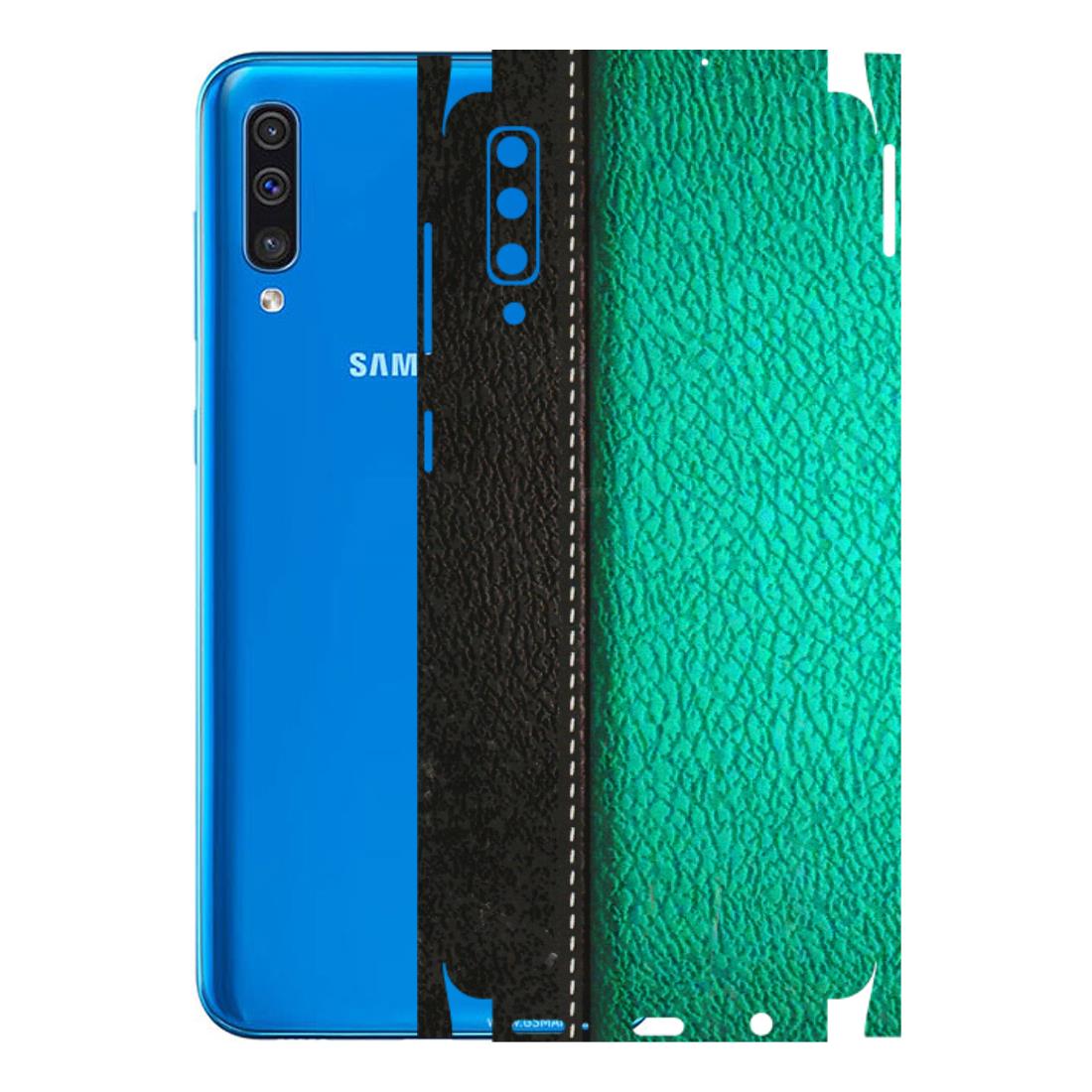 Samsung A/S Series Phone Skins (All Models) - Black Green Dual Leather Stich - 3D Embossed Finish (L-233) Samsung Galaxy A50