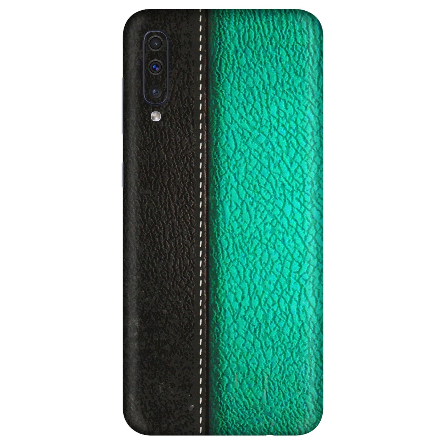 Samsung A/S Series Phone Skins (All Models) - Black Green Dual Leather Stich - 3D Embossed Finish (L-233) Samsung Galaxy A50