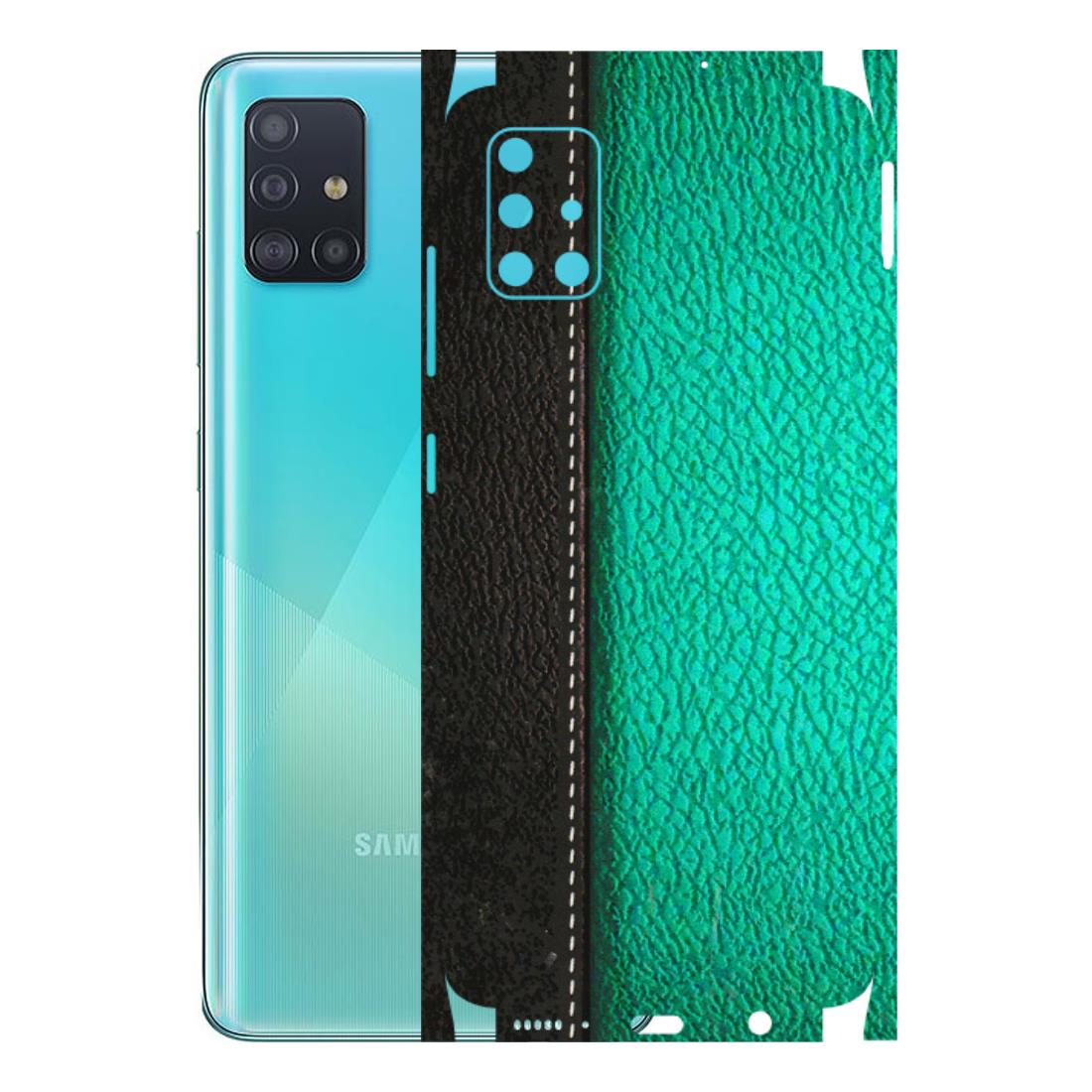 Samsung A/S Series Phone Skins (All Models) - Black Green Dual Leather Stich - 3D Embossed Finish (L-233) Samsung Galaxy A51