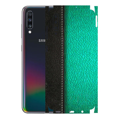 Samsung A/S Series Phone Skins (All Models) - Black Green Dual Leather Stich - 3D Embossed Finish (L-233) Samsung Galaxy A70