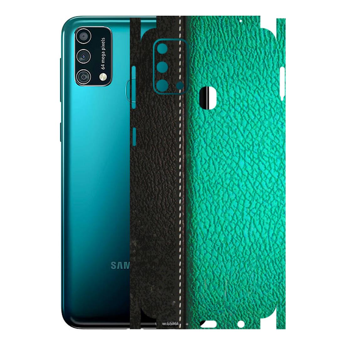 Samsung M/F/Note/Flip and C Phone Skins (All Models) - Black Green Dual Leather Stich - 3D Embossed Finish (L-233) Samsung Galaxy F41