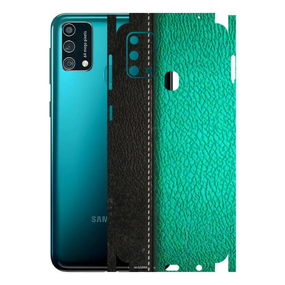 Samsung M/F/Note/Flip and C Phone Skins (All Models) - Black Green Dual Leather Stich - 3D Embossed Finish (L-233) Samsung Galaxy F41