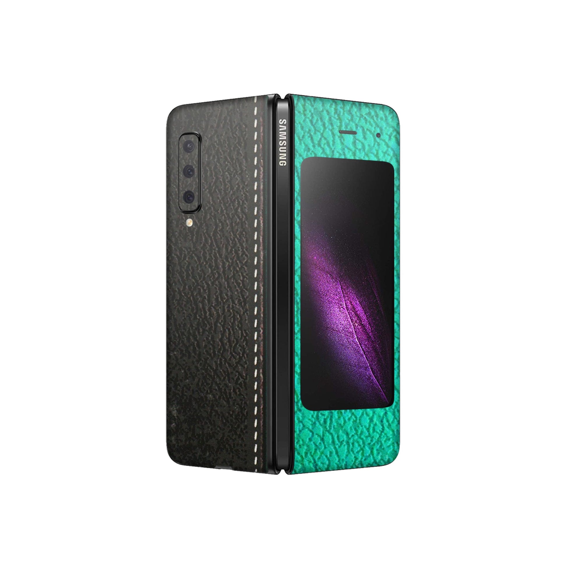 Samsung M/F/Note/Flip and C Phone Skins (All Models) - Black Green Dual Leather Stich - 3D Embossed Finish (L-233) Samsung Galaxy Fold
