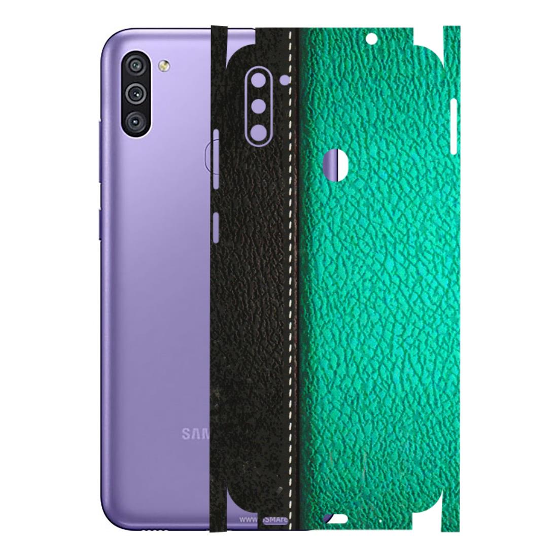 Samsung M/F/Note/Flip and C Phone Skins (All Models) - Black Green Dual Leather Stich - 3D Embossed Finish (L-233) Samsung Galaxy M11