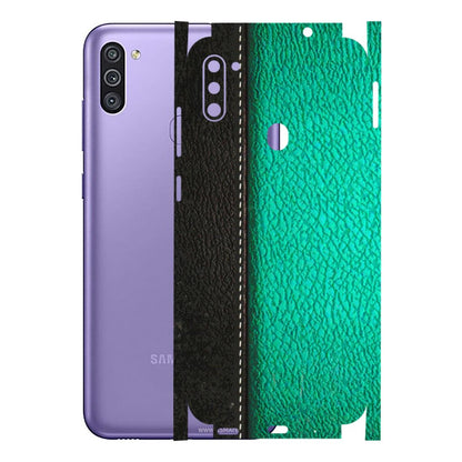 Samsung M/F/Note/Flip and C Phone Skins (All Models) - Black Green Dual Leather Stich - 3D Embossed Finish (L-233) Samsung Galaxy M11