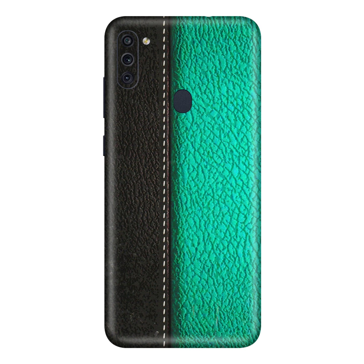 Samsung M/F/Note/Flip and C Phone Skins (All Models) - Black Green Dual Leather Stich - 3D Embossed Finish (L-233) Samsung Galaxy M11