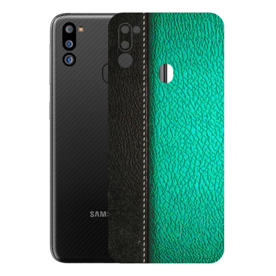 Samsung M/F/Note/Flip and C Phone Skins (All Models) - Black Green Dual Leather Stich - 3D Embossed Finish (L-233) Samsung Galaxy M21 2021