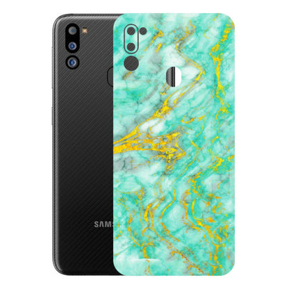 Samsung M/F/Note/Flip and C Phone Skins (All Models) - Green And Gold Marble Feel - Matte Finish (M-16) Samsung Galaxy M21 2021