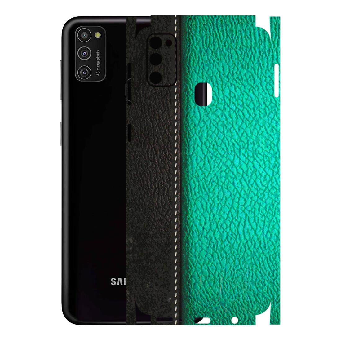 Samsung M/F/Note/Flip and C Phone Skins (All Models) - Black Green Dual Leather Stich - 3D Embossed Finish (L-233) Samsung Galaxy M21