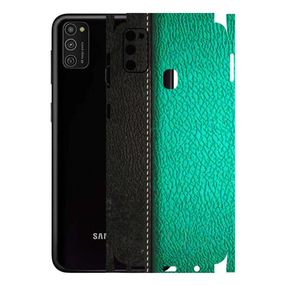 Samsung M/F/Note/Flip and C Phone Skins (All Models) - Black Green Dual Leather Stich - 3D Embossed Finish (L-233) Samsung Galaxy M21