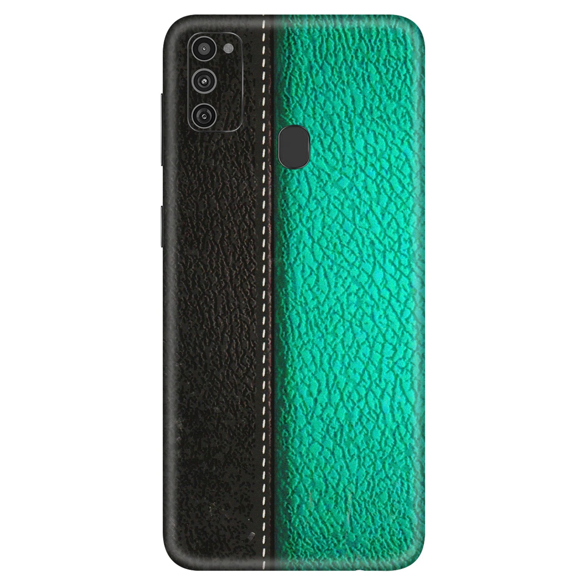 Samsung M/F/Note/Flip and C Phone Skins (All Models) - Black Green Dual Leather Stich - 3D Embossed Finish (L-233) Samsung Galaxy M21