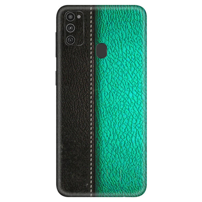 Samsung M/F/Note/Flip and C Phone Skins (All Models) - Black Green Dual Leather Stich - 3D Embossed Finish (L-233) Samsung Galaxy M21