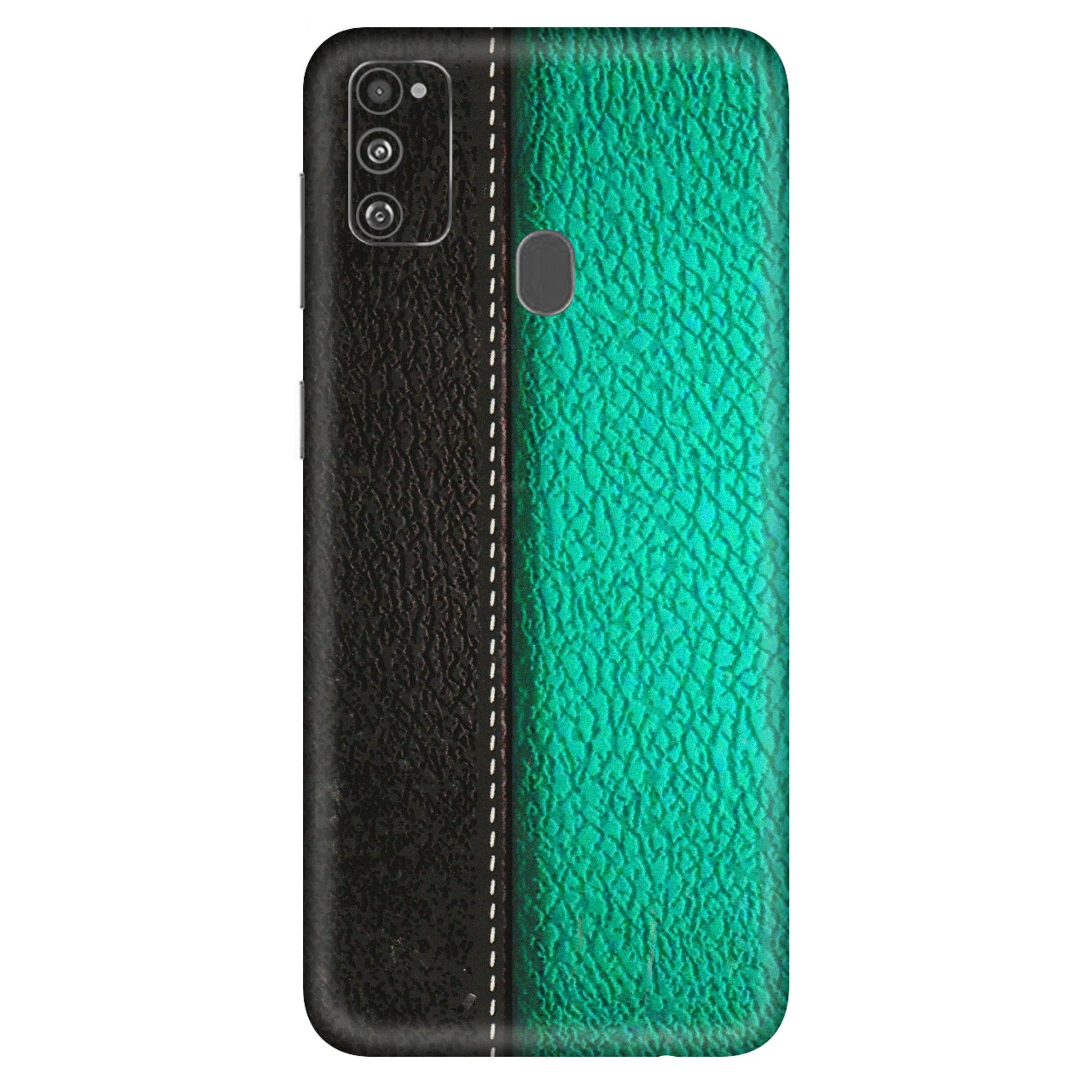Samsung M/F/Note/Flip and C Phone Skins (All Models) - Black Green Dual Leather Stich - 3D Embossed Finish (L-233) Samsung Galaxy M30S