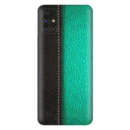 Samsung M/F/Note/Flip and C Phone Skins (All Models) - Black Green Dual Leather Stich - 3D Embossed Finish (L-233) Samsung Galaxy M31s