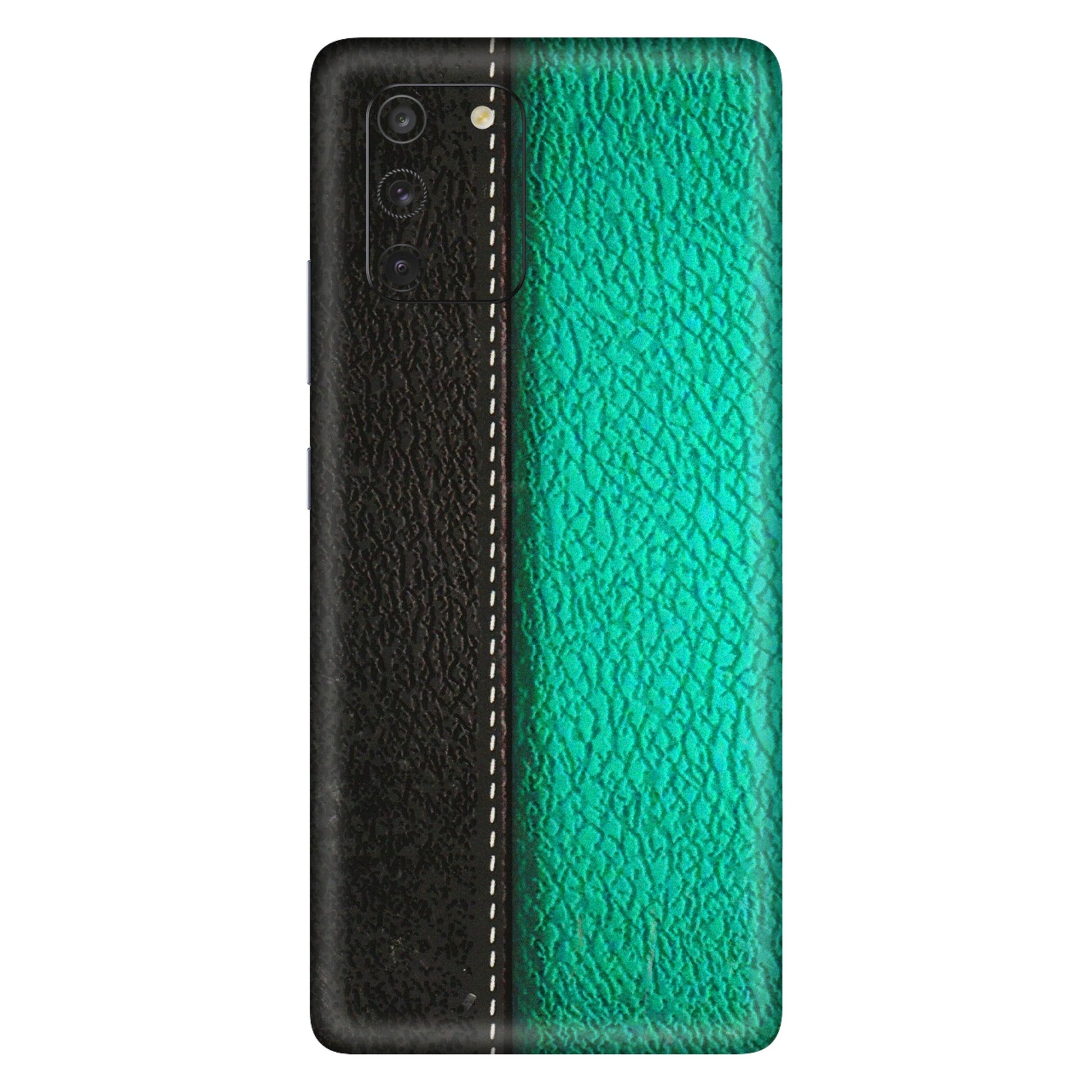 Samsung A/S Series Phone Skins (All Models) - Black Green Dual Leather Stich - 3D Embossed Finish (L-233) Samsung Galaxy S10 Lite